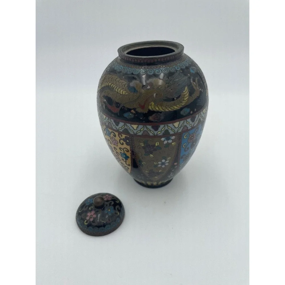 Cloisonne Vase Jar with‎ Lid Dragon Floral Asian Decor Decorative Accent 6